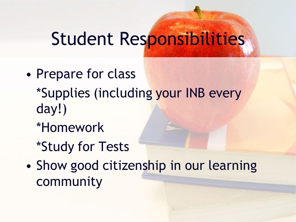 Student Responsibilities Prepare for class *Supplies (including your INB every day!) *Homework *Study for Tests Show good citizenship in our learning community