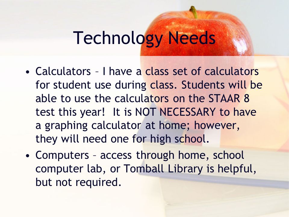 Technology Needs Calculators – I have a class set of calculators for student use during class.