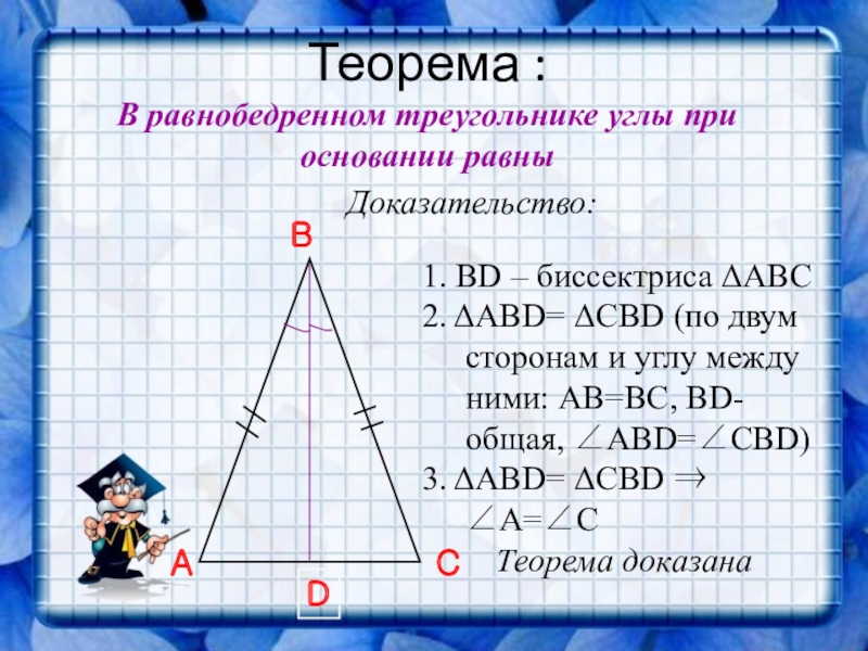 Углы при основании равнобедренного треугольника равны теорема. Доказательства равнобедренного треугольника 7 класс геометрия. Теорема равнобедренного треугольника. Геометрия 7 класс теоремы. Доказательство теоремы равнобедренного треугольника.